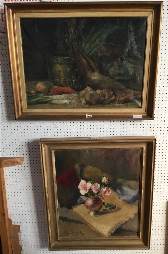 G. Zirk, oil on canvas, flowers in a copper vase, dated 43 & another of a hare with vegetables (unsigned)